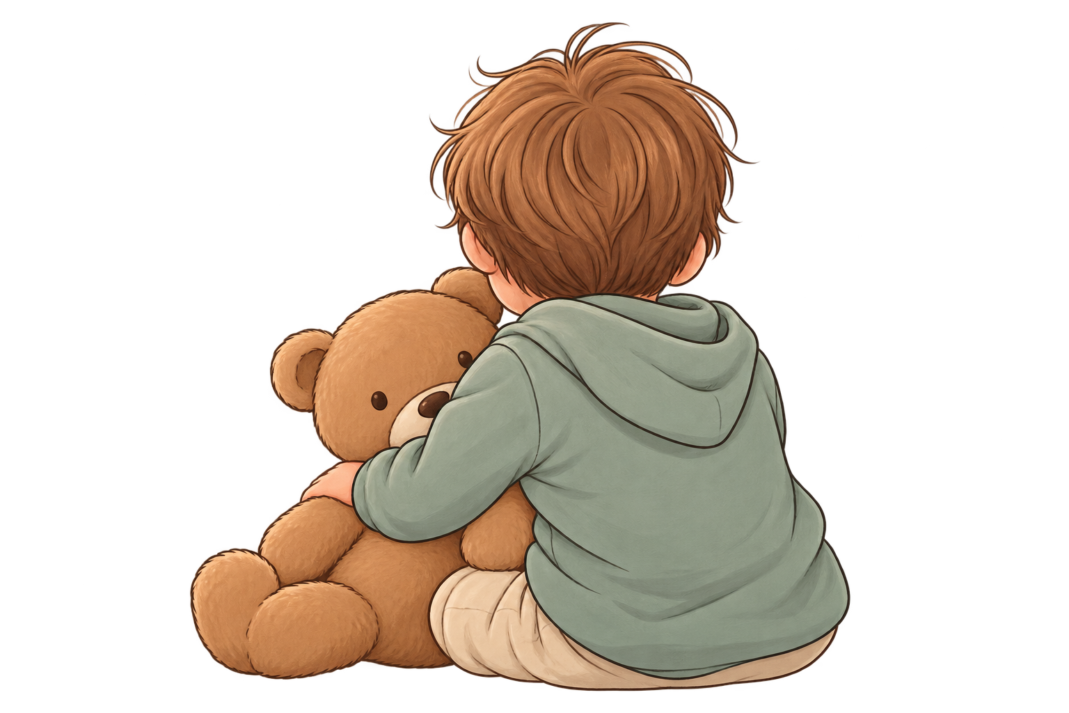 Bambino visto da dietro che abbraccia un orsacchiotto